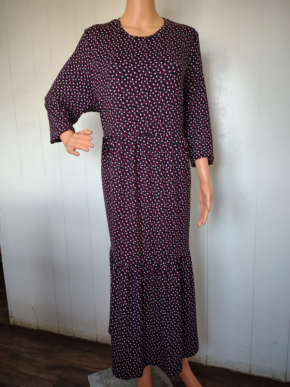 Simply Be Black Maxi Dress with Pink & White Polka Dot Print Size 16.